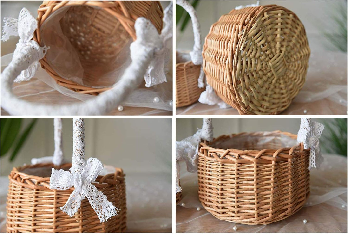 ASSR 2PCS Woven Storage Basket with Handle and Ribbon, Wicker Rattan Flower Girl Baskets for Wedding, Home Garden Decor