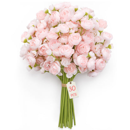 Alupssuc 30Pcs Ranunculus Artificial Flowers Faux Silk Mini Ranunculus, Spring Flowers Artificial Indoor for DIY Bouquets, Bulk Fake Wedding Filler Flowers for Bride Shower Decorations, Shabby Blush