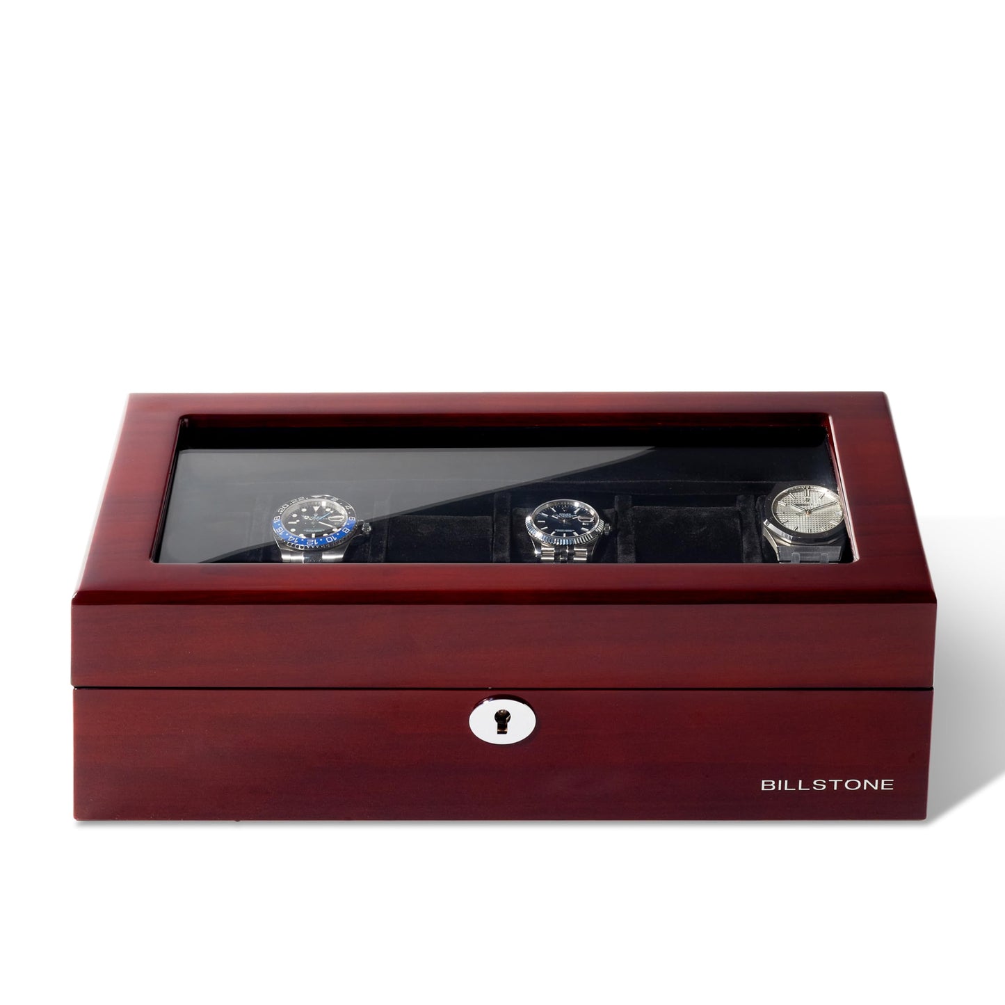 BILLSTONE Heritage 12 Wooden Watch Box – 12 Slot Watch Organizer, High-Polish Bubinga Wood with Black Velvet Interior