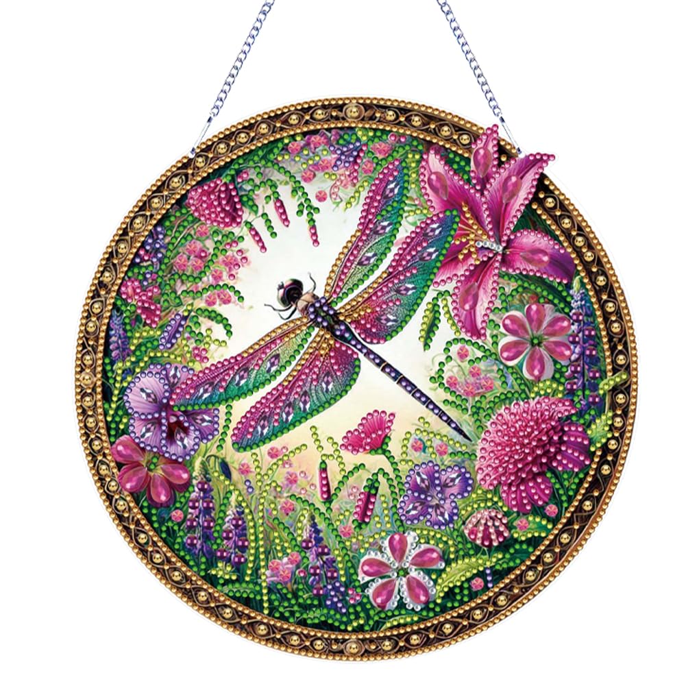 C'eitura DIY Flower Dragonfly Diamond Art Round Shape Hanging Pendant Kits for Home Decor, Unique Gift for Women & Teens