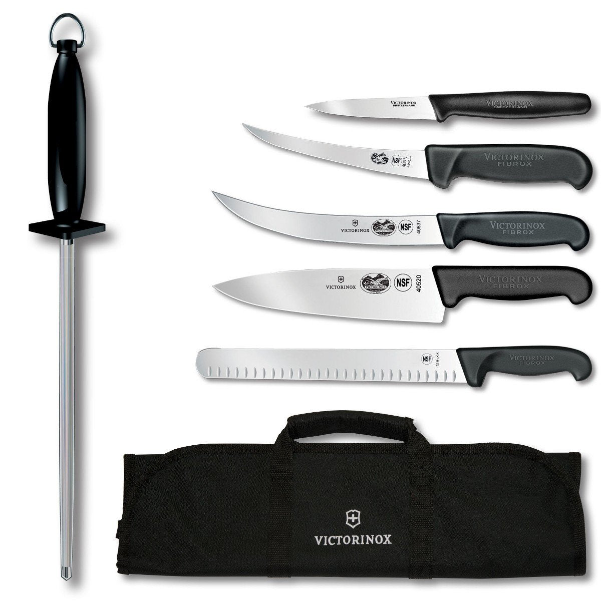 Victorinox Swiss Army 7-Piece Natural Competition BBQ Set with Black Fibrox Pro Handles and Knife Roll (46135US2)