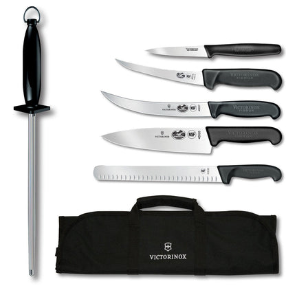 Victorinox Swiss Army 7-Piece Natural Competition BBQ Set with Black Fibrox Pro Handles and Knife Roll (46135US2)