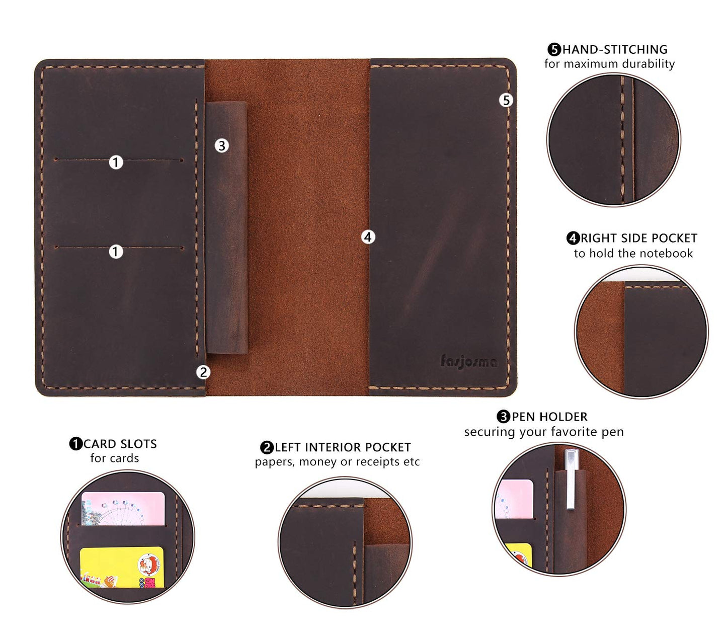 Leather Notebook Cover for Field Notes, Handmade Journal Cover for Moleskine Cahier Journal, Leather Cover with Pen Holder fits 3.5" x 5.5" Pocket Notebook - Coffee