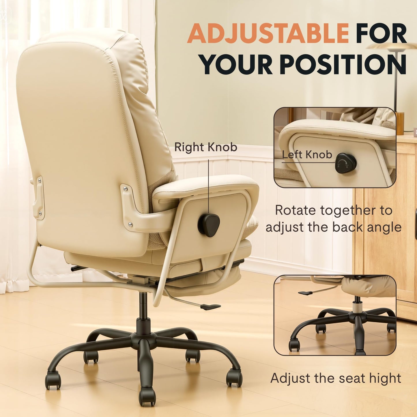 FLEXISPOT Ergonomic Office Chair with Footrest High Back Computer Desk Chairs Indoor Lounge Chair with Wheels 90-165° Reclining Lumbar Support, Chairs for Working Relaxing Cross Legged, Leather, White