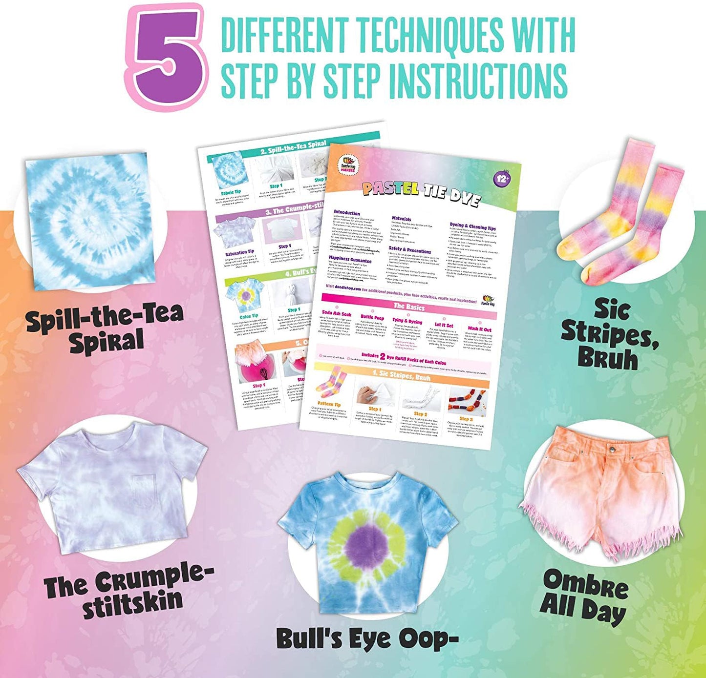 DOODLE HOG Pastel Tie Dye Kit for Large Groups, DIY Tie Dye Kit for Kids, Clothing Dye Supplies, Tie Dye Kits for Adults, 6 Full Bottles, 12 Refills Packets