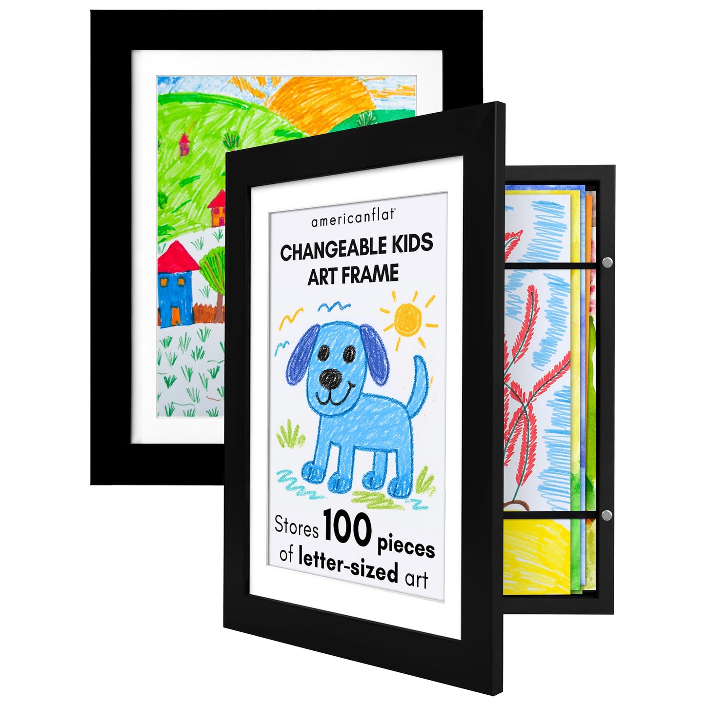 Americanflat - 2 Pack - Kids Artwork Frame Changeable (Black) - Magnetic Door Holds 100 Art Pieces - 8.5x11 Letter Size Display with Mat or 10x12.5 Without Mat - My Mini Masterpiece