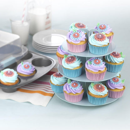 GoodCook Sweet Creations Bake-Take-Serve Nonstick Cupcake Pan Set with Tiered Stand, Silver/Blue
