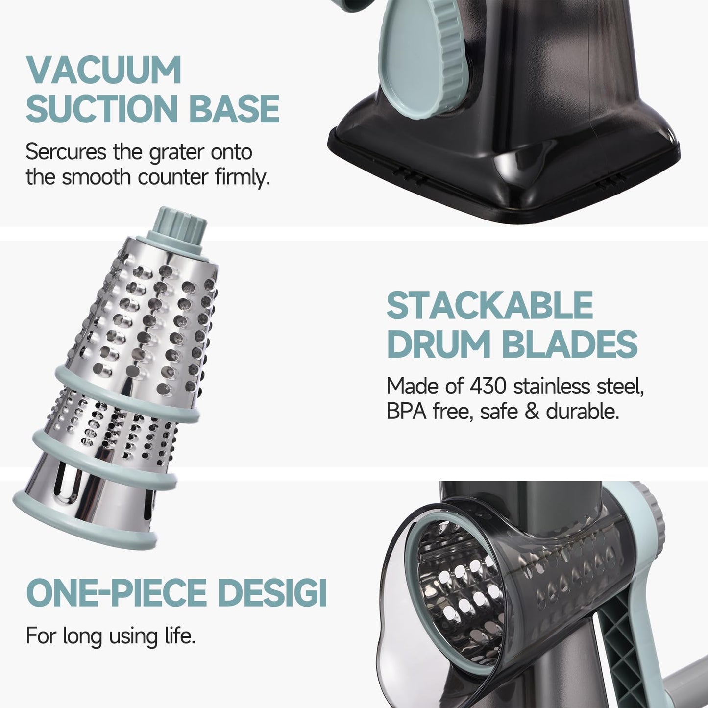 Rotary Cheese Grater with Handle Kitchen Shredder Slicer Grater Slicer Ice Shaver Cheese Vegetable Nuts Potato Zucchini Chocolate 3 Interchangeable Blades (GreyBlue