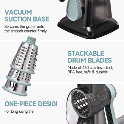 Rotary Cheese Grater with Handle Kitchen Shredder Slicer Grater Slicer Ice Shaver Cheese Vegetable Nuts Potato Zucchini Chocolate 3 Interchangeable Blades (GreyBlue