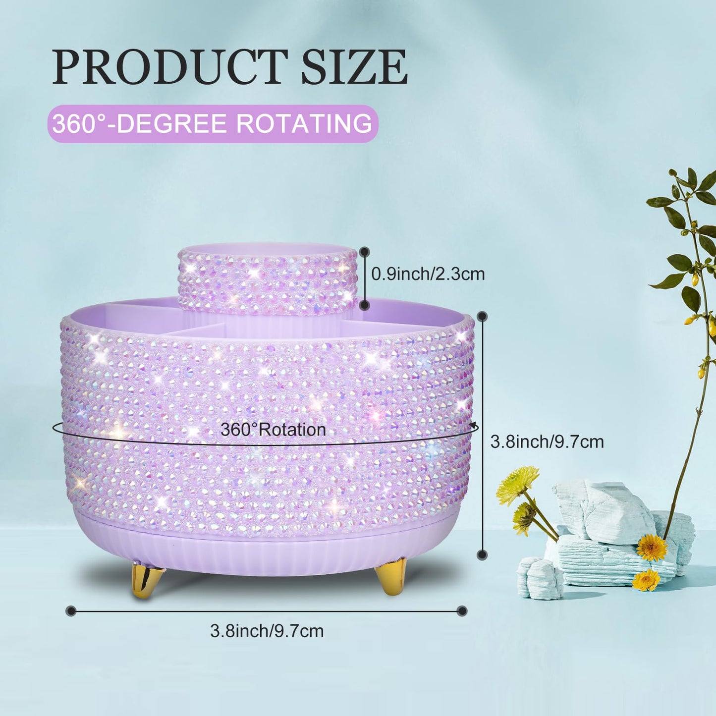 ENJIKAER Bling Purple Phinestone Desk Organizer with 5 Slots 360 Degree Rotating，Bling Pen Holder Makeup Brush Holder for Women, Silver Rhinestone Office Accessories(Purple)
