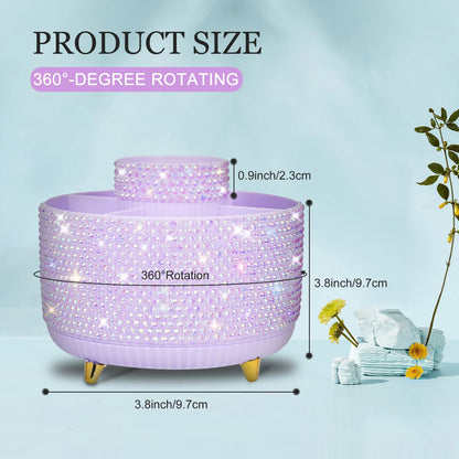 ENJIKAER Bling Purple Phinestone Desk Organizer with 5 Slots 360 Degree Rotating，Bling Pen Holder Makeup Brush Holder for Women, Silver Rhinestone Office Accessories(Purple)