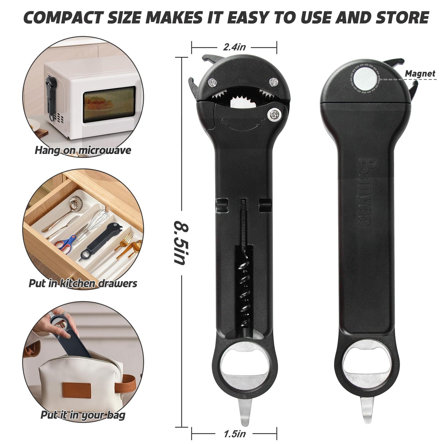 Banyaa 7 in 1 Jar Opener Bottle Opener and Wine Opener for Seniors with Arthritis, Weak Hands, Multi Retractable Magnetic Can Opener, Original Kitchen Lid Opener Tool (Black)