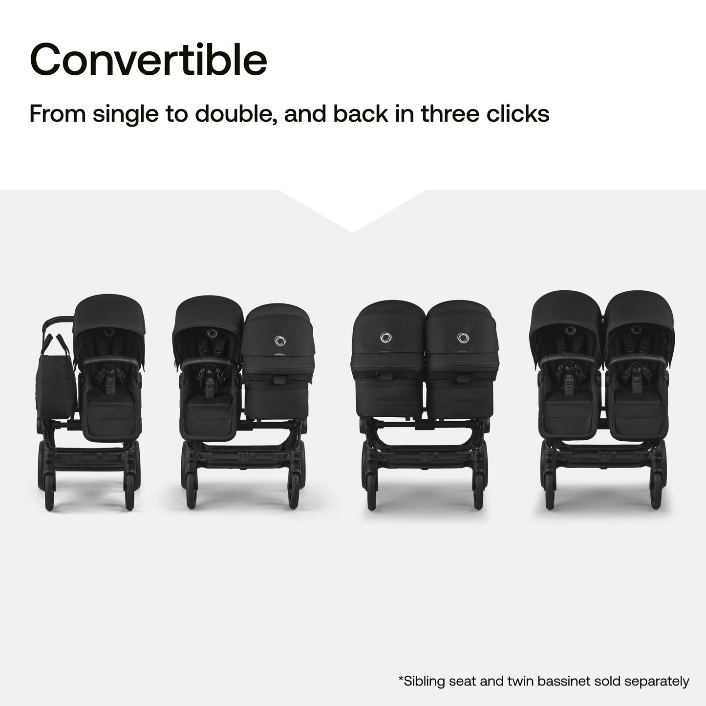 Bugaboo Donkey 6 Sibling Seat – Complete Second Seat Kit for Side-by-Side Double Stroller Conversion, Reversible & Reclining Toddler Seat with Sun Canopy – Heritage Black