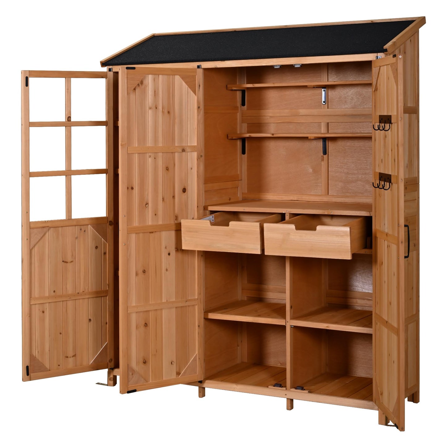 Merax Outdoor Wood Large Patio Garden Storage Shed with Waterproof Roof, 3 Doors Storage Cabinet with Workstation, 7 Storage Shelves, 2 Drawers and 6 Hooks for Backyard, Natural