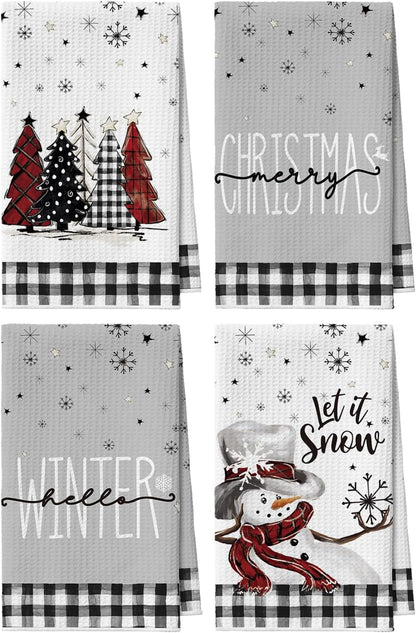 12x24 Inch Set 4 Artoid Mode Black Xmas Tree Snowman Merry Christmas Bar Kitchen Towels, Quick Dry Microfiber Cloth