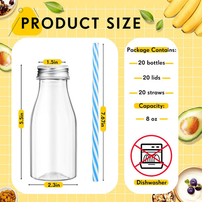20 Sets (8 oz,Pastel Yinkin Plastic Milk Bottles with Straws Lids Clear Plastic Containers for Dairy Milk Party Bottle