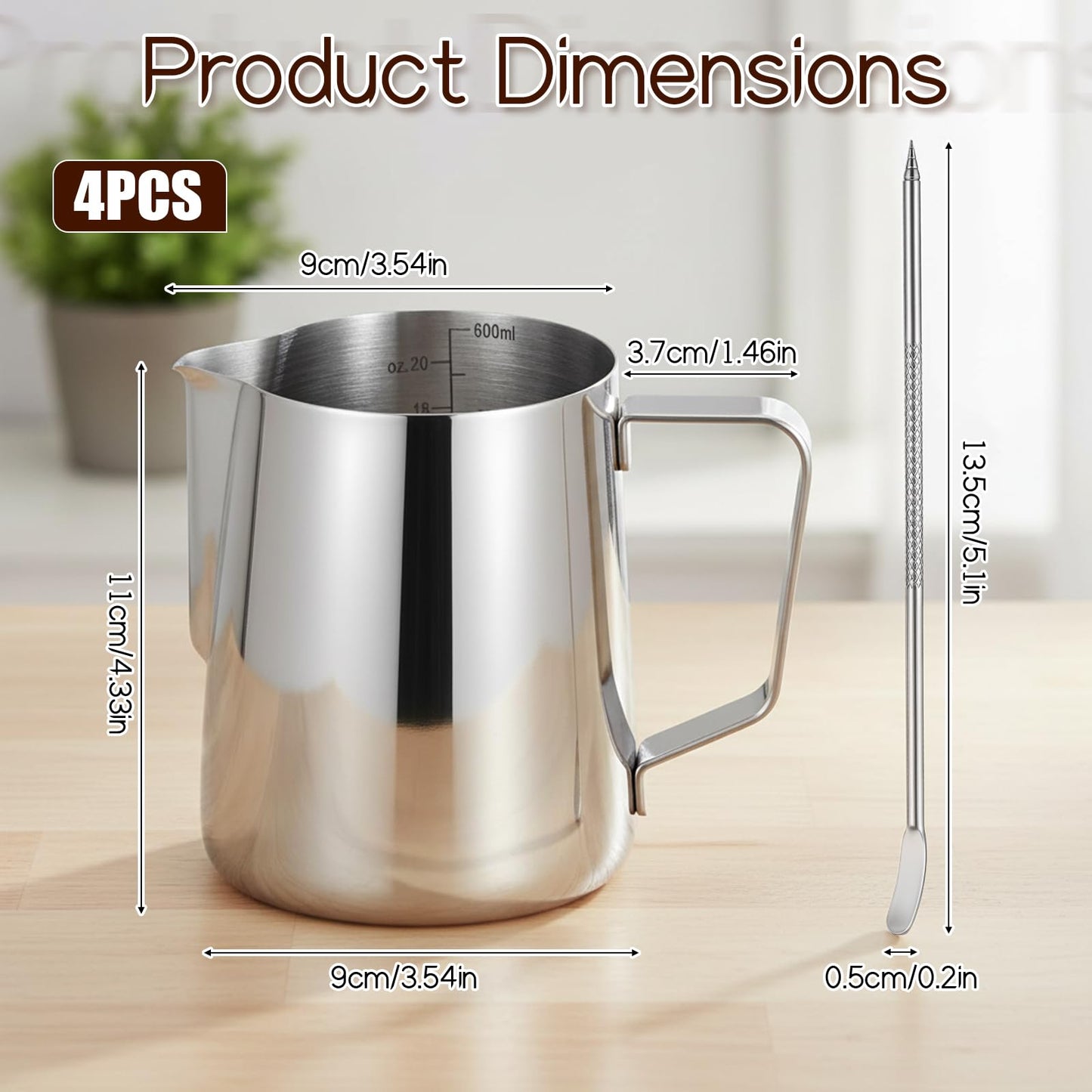 4 Pcs 20oz Milk Frothing Pitcher with 4pcs Latte Art Pen, 304 Stainless Steel Steaming Pitchers with Sharp Spout, Milk Frother Cup for Barista Coffee Bar Espresso, Latte Art (600ml)