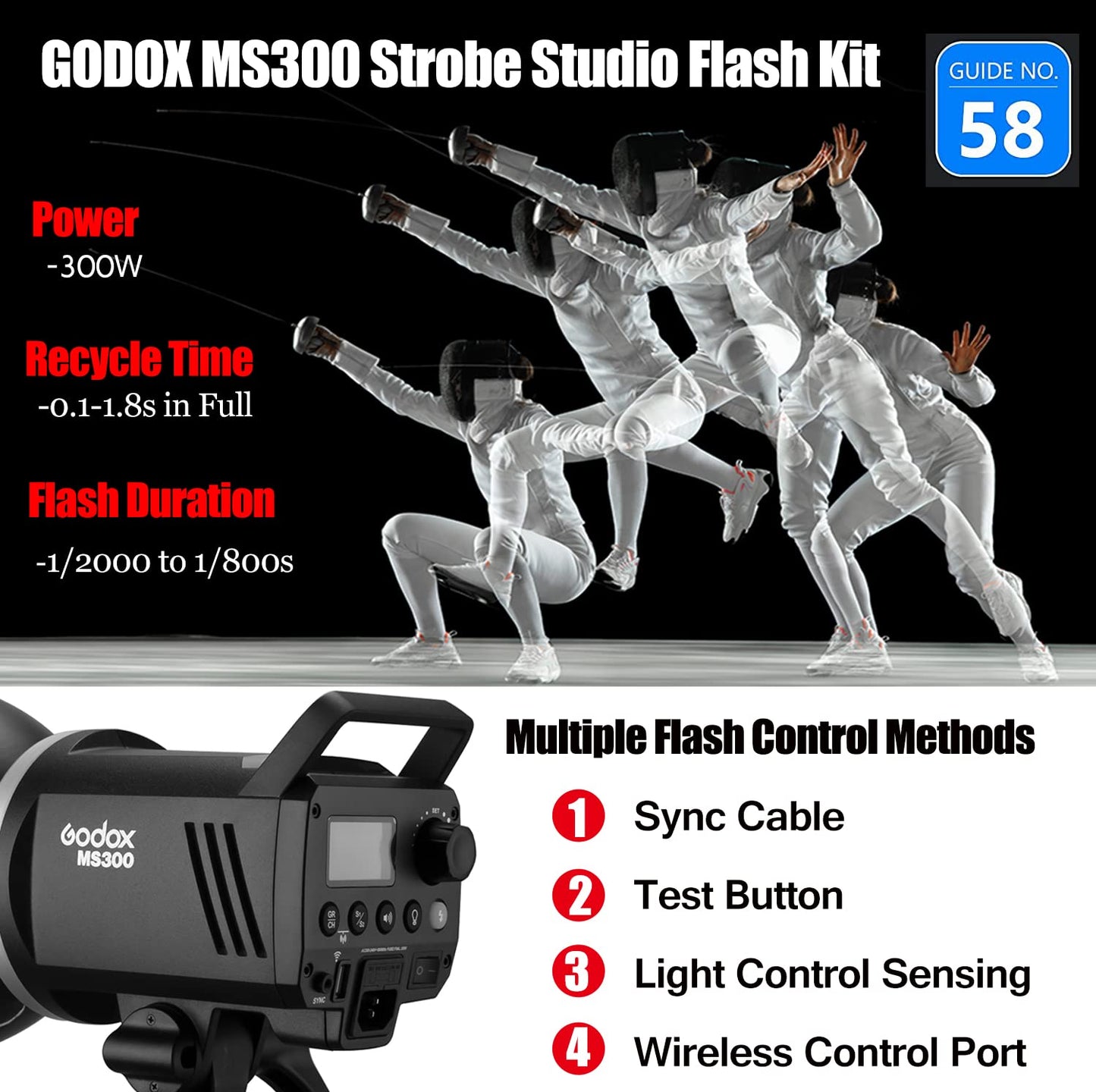 2pcs Godox MS300 600W Studio Strobe Flash Kit Bowens Mount Lighting,2.4G Wireless GN58 5600K Monolight with 150W Modeling Lamp,RT-16 Flash Trigger,Light Stands,Softbox,Umbrellas,Reflectors