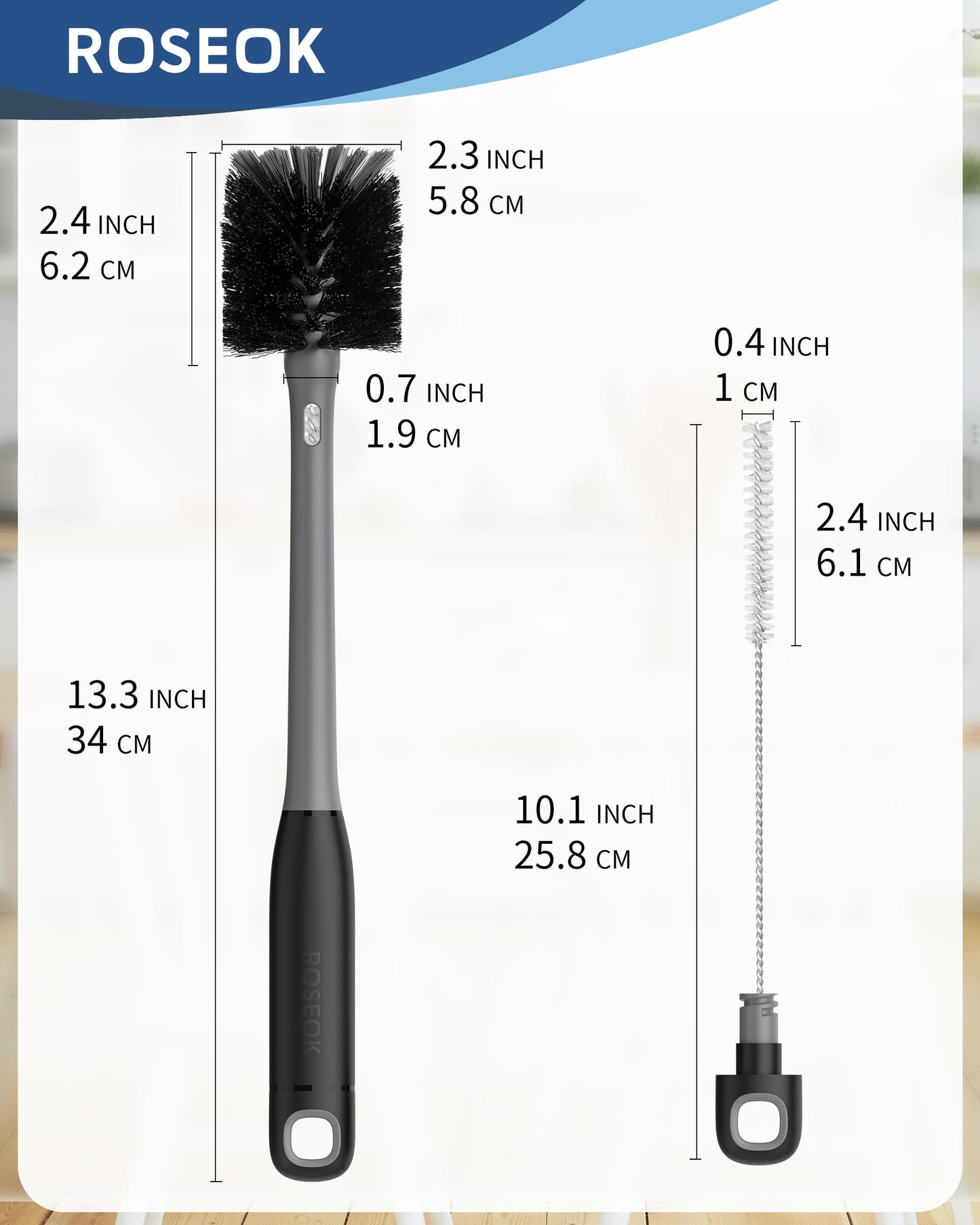 ROSEOK 2 in 1 Long Handle Bottle Brush with Straw Brush for Cleaning Glass, Sports Bottle, Coffee Mug, Black, 1 Pack