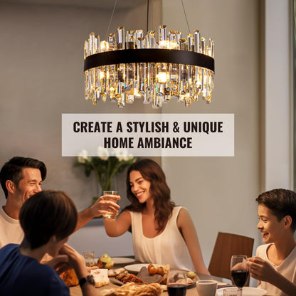 Siljoy Black Crystal Chandelier for Dining Room, Modern 2-Tiers K9 Crystal Raindrop Chandelier 12 Lights Farmhouse Pendant Ceiling Light for Living Room Kitchen Island Entry Foyer D19.7''
