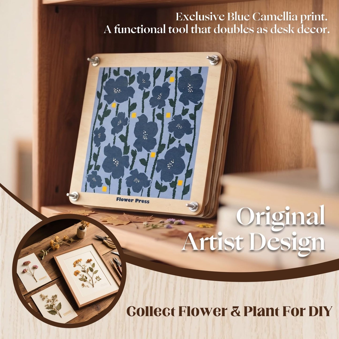 Fuwuu Flower Press Kit 7.1" - Medium Wooden Plant Pressing Book for DIY Art, Blue Camellia Design 6-Layer Leaf Flower Preservation Kit for Adults, Herbarium Scrapbooking Craft Gift