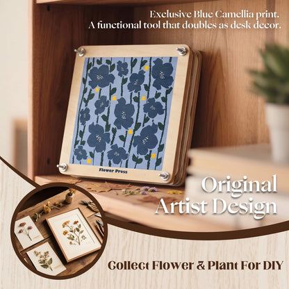 Fuwuu Flower Press Kit 7.1" - Medium Wooden Plant Pressing Book for DIY Art, Blue Camellia Design 6-Layer Leaf Flower Preservation Kit for Adults, Herbarium Scrapbooking Craft Gift