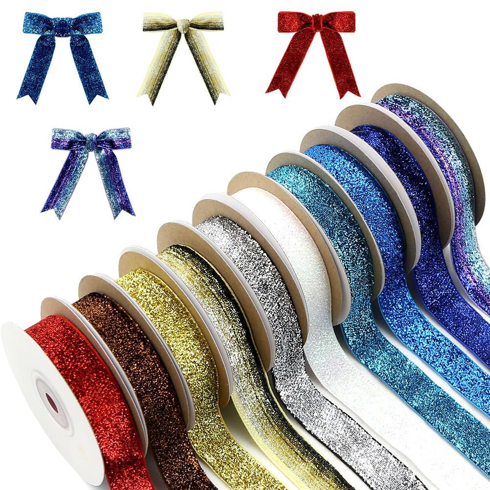 3/4-Inch Velvet Ribbon for Gift Wrapping (10 Rolls, 50 Yards), Metallic Glitter Assorted Ribbons for Crafts Bundle, Flower Bouquet - Christmas Holiday Wedding Birthday Party Gift Decoration DIY Sewing