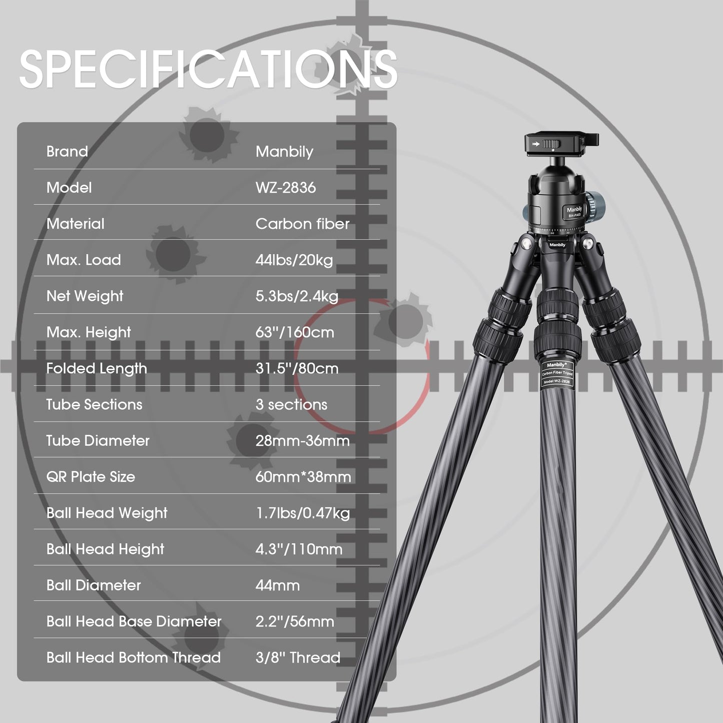 Manbily Carbon Fiber Hunting Tripod with 44mm Ball Head and Arca Swiss & Picatinny Adapters, 63" Heavy Duty Stable Inverted Tripod for Hunting, Shooting, and Outdoors (WZ-2836)