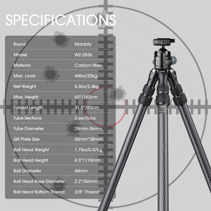 Manbily Carbon Fiber Hunting Tripod with 44mm Ball Head and Arca Swiss & Picatinny Adapters, 63" Heavy Duty Stable Inverted Tripod for Hunting, Shooting, and Outdoors (WZ-2836)