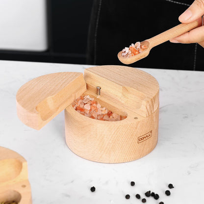 DGYLL Wooden Divided Salt Cellar With Lid And Spoon,Salt Box With 2 Compartment,Salt container with Magnetic Swivel lid, Beech Wood
