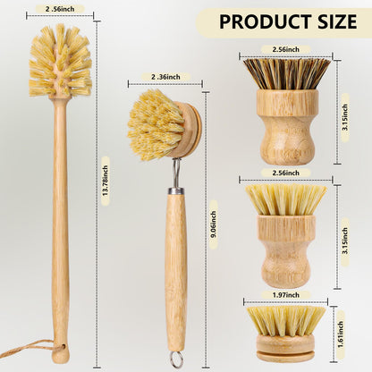 BONUMVITA 5 Pack Bamboo Dish Brush Set, Wooden Dish Brush with 14’’ Bottle Brush, Natural Kitchen Scrub Brush for Dishes Pots, Pans, Sinks, Woks, Vegetables