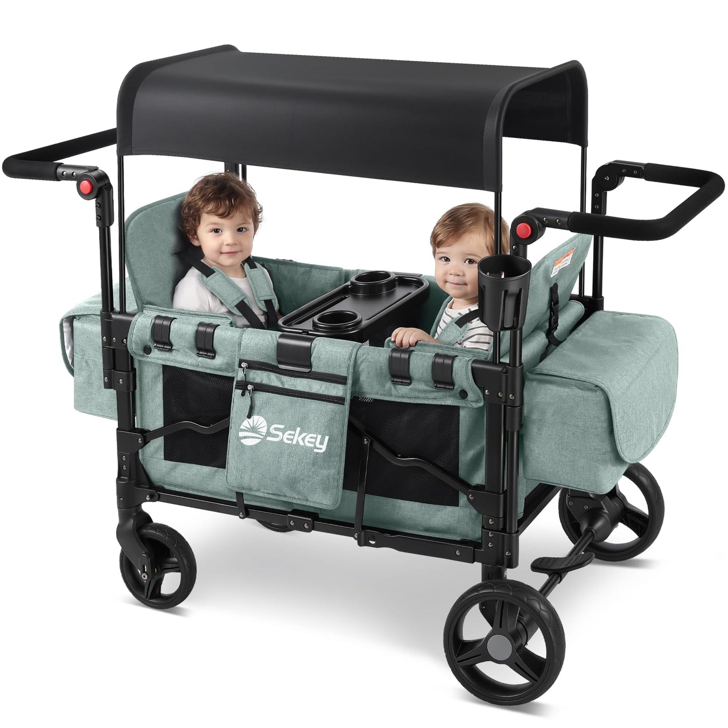 Sekey Wagon Stroller for 2 Kids, Luxury 4-in-1 Stroller Wagon - Premium Quality with Convertible Seats, Adjustable Push Handles, Removable Canopy, Snack Tray & Cooler, US Certified.