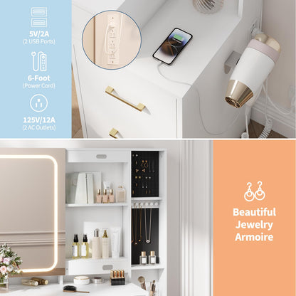 GlowSol Vanity Desk with Mirror and Lights, White Makeup Vanity with Jewelry Organizer, LED Glass Cabinet, 3 Light Modes, Power Outlet, 5 Drawers, Vanity Table Set with Padded Storage Stool