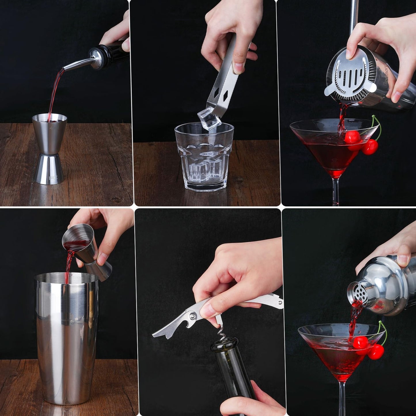 Cocktail Shaker Set Bartender Kit, Godmorn 15Pcs Bartender Shaker Set, 304 Stainless Steel Martini Shaker and Strainer, Bar Tool Set with Bamboo Stand, Recipe Book, for Home and Bar Party