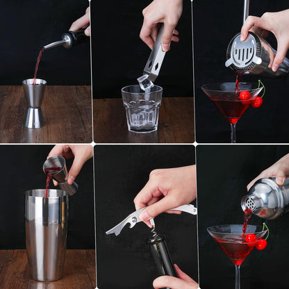 Cocktail Shaker Set Bartender Kit, Godmorn 15Pcs Bartender Shaker Set, 304 Stainless Steel Martini Shaker and Strainer, Bar Tool Set with Bamboo Stand, Recipe Book, for Home and Bar Party