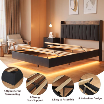 COZONY Modern Floating King Bed Frame with LED Lights, USB Charging Station, Upholstered Storage Headboard, Sturdy Wood Slats, No Box Spring Needed, Easy Assembly, Noise-Free, King-Black