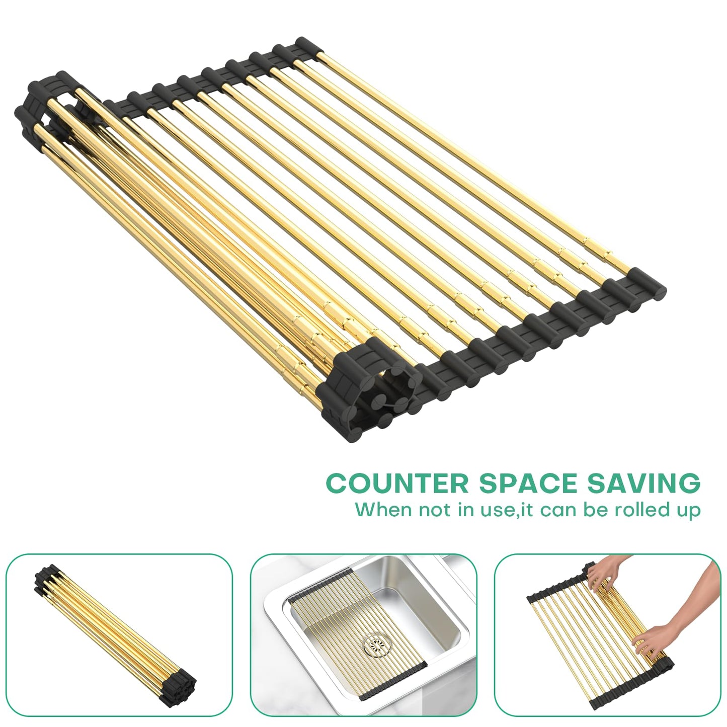 AXIMIXAME Expandable Large Draining Rack, Roll Up Heat-Resistant Dish Drainer for Stainless Steel Sinks, Collapsible Over The Sink Rack Non-Slip Silicone Rolling Up Rack Gold 18 Tube