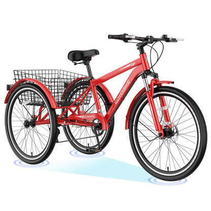 H&ZT Adult Tricycle, 3 Wheeled Bike, Trike Cruiser Bike, with 7-Speed Gear, Parking Brake Handle, Low Step, Large Rear Basket, Elderly Friendly, for Men, Women, and Teens