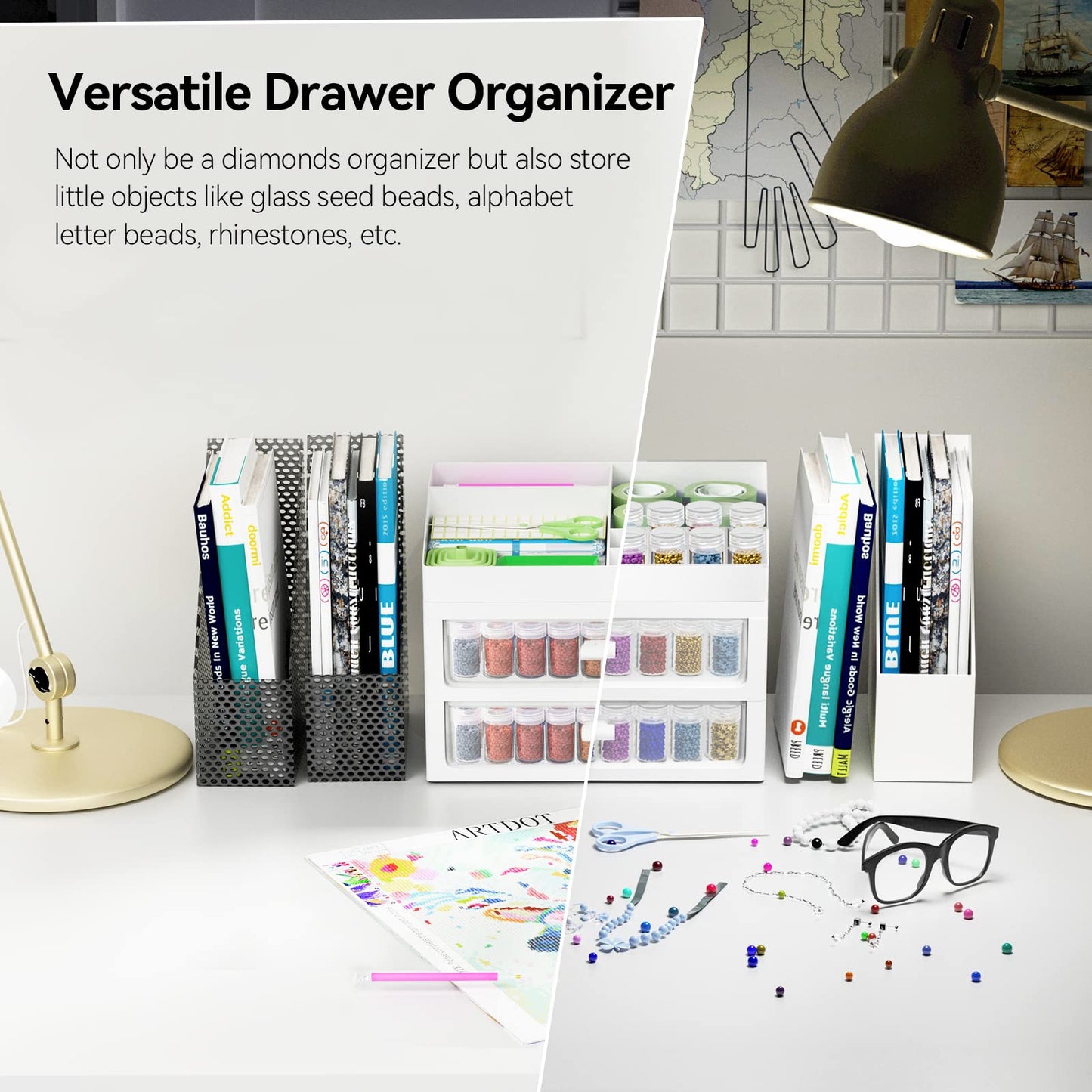 ARTDOT Storage Containers for Diamond Painting Accessories, 2 Drawers with 96 Slots Bead Storage Bottles and Diamond Art Accessories and Tools Rack