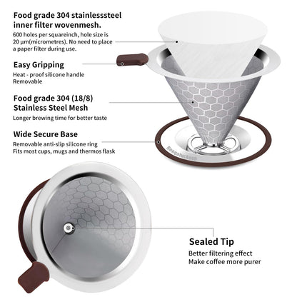 Roogaluckeep Pour Over Coffee Dripper, Stainless Steel Coffee Filter, Paperless Reusable Coffee Filter, Metal 600 Mesh Strainer Coffee Maker Single Cup Brewer 1-2 Cup