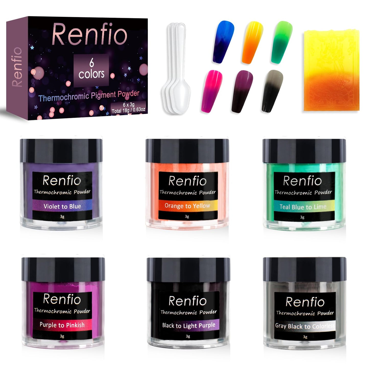 Renfio 6 Colors Thermochromic Pigment Powder,18g/0.63oz Color Changing Powder Temperature Activated at 88℉/31℃,Thermochromic Pigment 3g Each for Epoxy Resin,Slime,Nail,Tumblers,Paint,Fabric,Dye