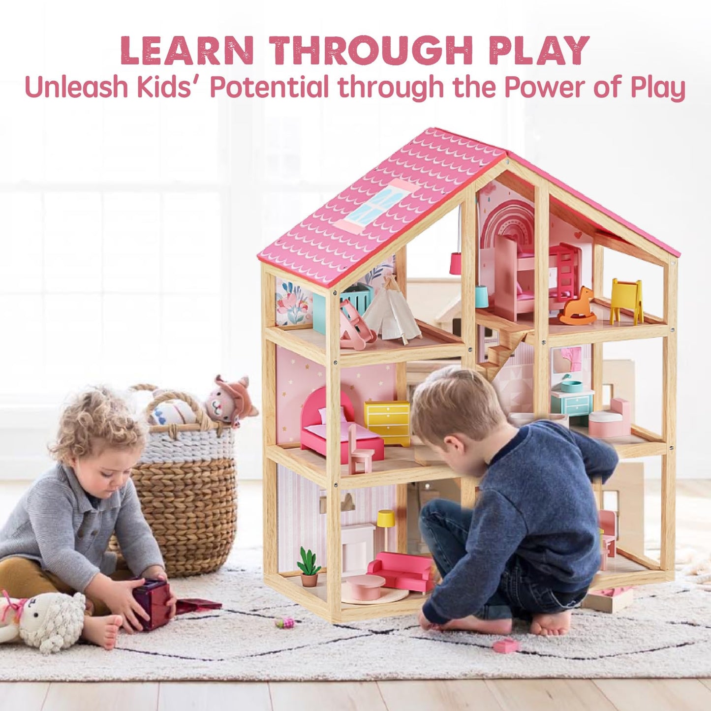 Tiny Land Wooden Dollhouse for Girls - 6 Rooms Wooden Doll House, DIY Pretend Doll House with 31Pcs Furniture Accessories, Creative Gift for Girl Ages 3+