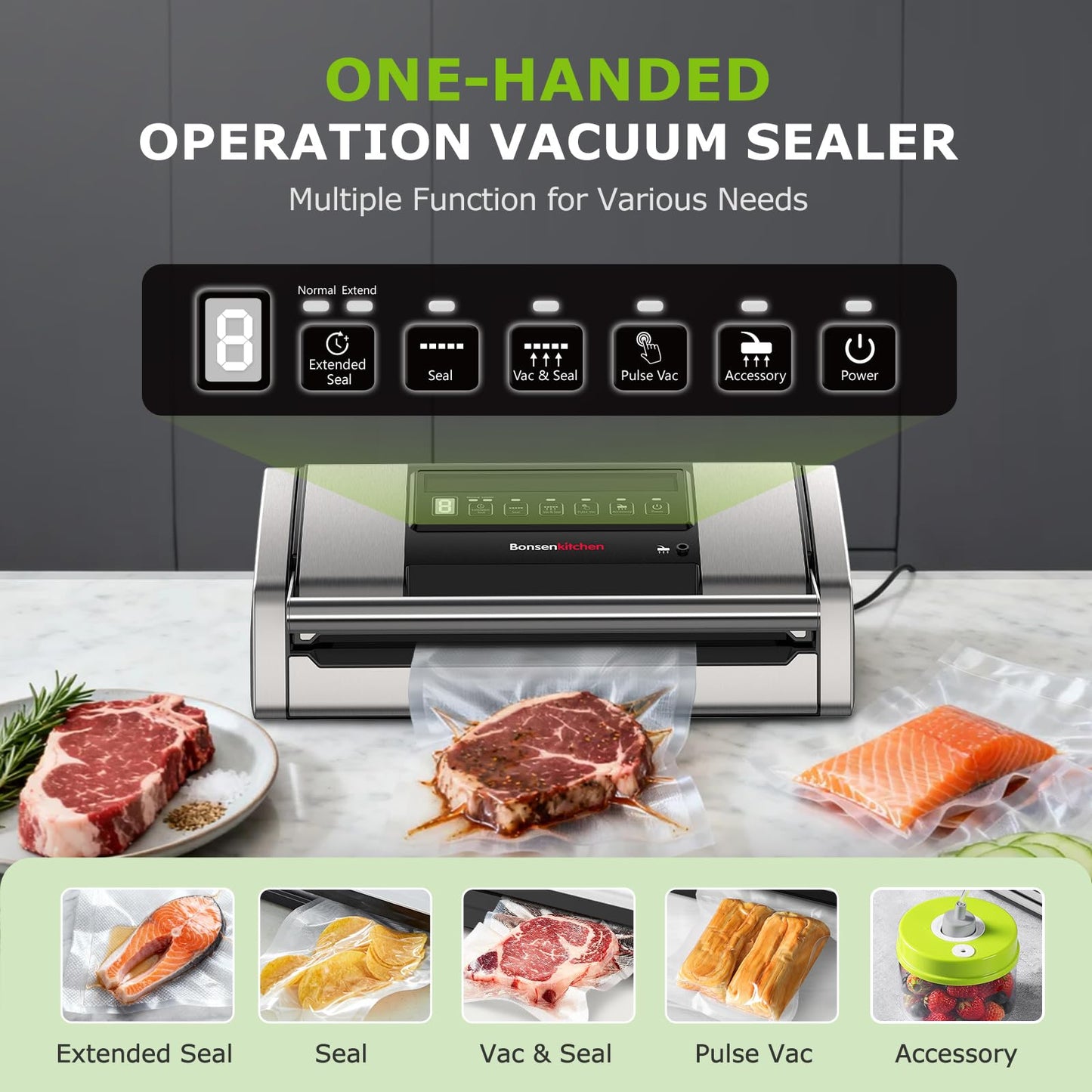 Bonsenkitchen Vacuum Sealer for Food, Easy-Lock Handle Vacuum Sealer Machine with Bag Clip, Built-in Cutter and Bag Storage for Sous Vide and Meal Prep, 1 Roll Bag & 10 Pre-Cut Bags, Silver