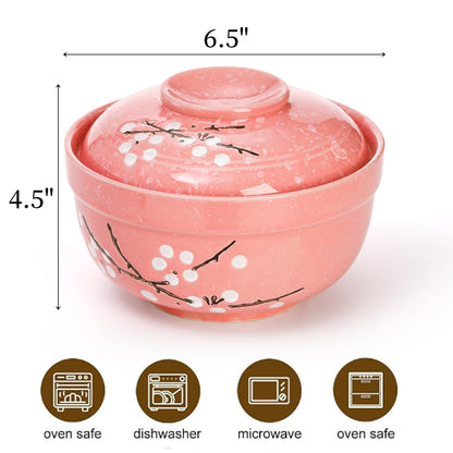 Goaste 2 Pack Ceramic Ramen Noodle Bowl, 27 OZ Big Ramen Bowl with Lid, Japanese Hand-Painted Ceramic Tableware, Durable Floral Soup Bowl for Noodles, Porridge, Rice, Dishwasher Safe(Pink, Cyan Blue)