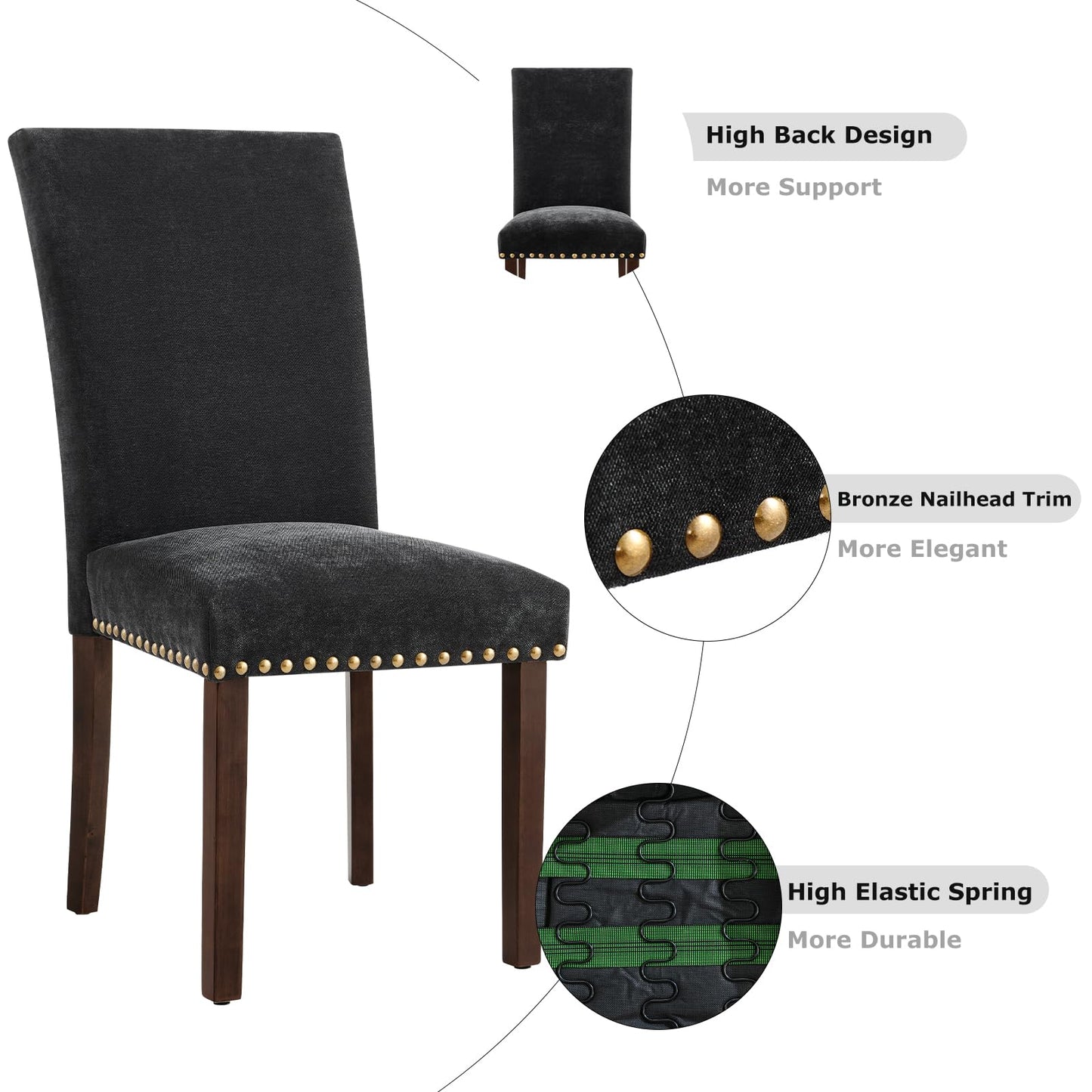 COLAMY Upholstered Parsons Dining Chairs Set of 4, Fabric Dining Room Kitchen Side Chair with Nailhead Trim and Wood Legs - F-Black