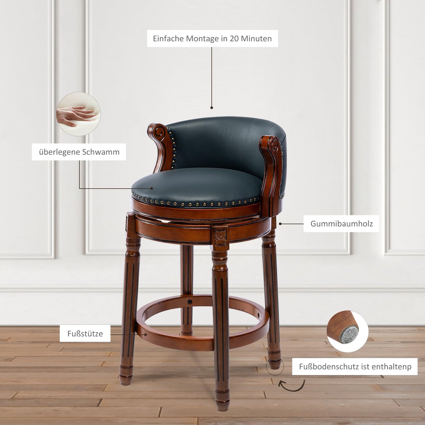 AULIFE Cow top Leather Wooden Bar Stools, 26" Bar Height Bar Chair with Back, 180 Degrees Swivel Barstools Chair for Home Kitchen Counter,Dining Room (Dark Blue 1pc, Counter Height-Seat Height 26”)