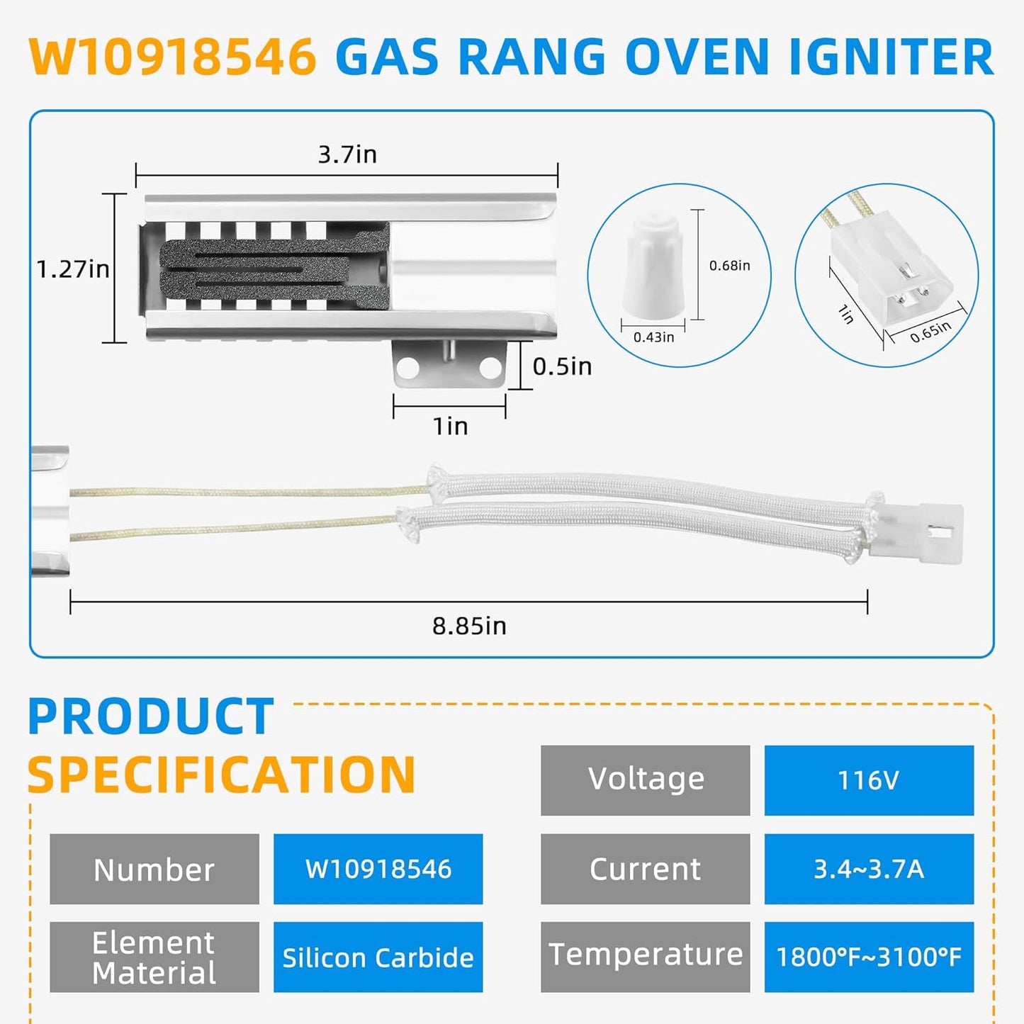 W10918546 Gas Range Oven Igniter Compatible with Whirlpool, Amana, Magic Chef, Roper, Replace W10140611