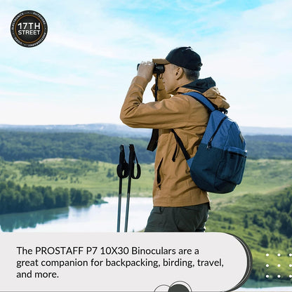 Nikon PROSTAFF P7 10x30 Waterproof Binocular for Adults | Small & Compact Travel Binoculars for Bird Watching | Binocular Harness Strap, Lens Pen Cleaning System, & Flashlight Bundle Set