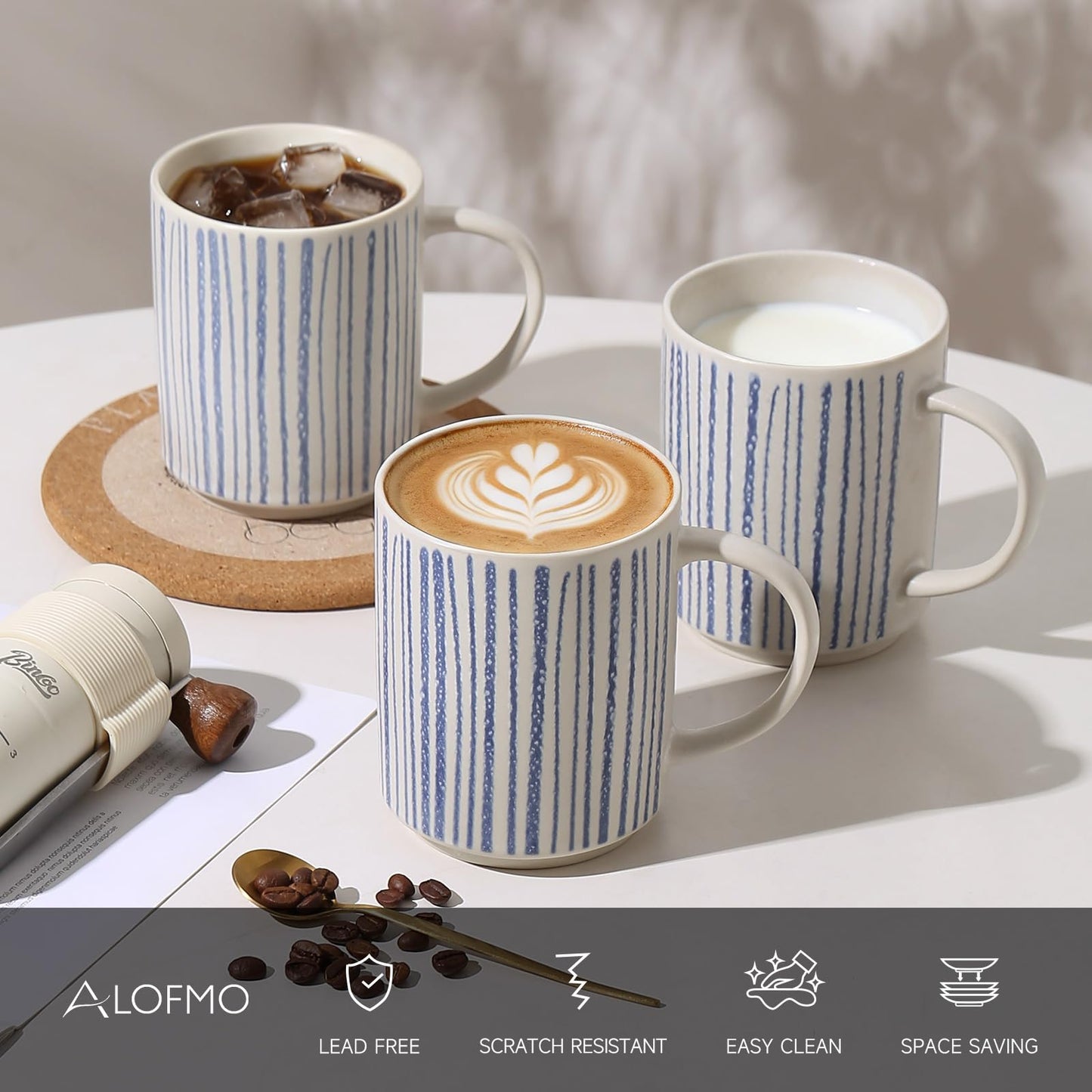 ALOFMO Ceramic Mugs Set of 6, Modern 17oz Coffee Mugs, Stackable Coffee Cups with Handpainted Blue Stripe Pattern, Dishwasher and Microwave Safe Mugs for Home & Office