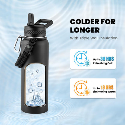 RAYMYLO Insulated Water Bottle 40 oz, Triple Wall Vacuum Stainless Steel (Cold for 36Hrs, Hot for 18Hrs), Leak Proof & Non-BPA, Modern Water Flask Jug with Paracord Handle & Straw Spout Lids